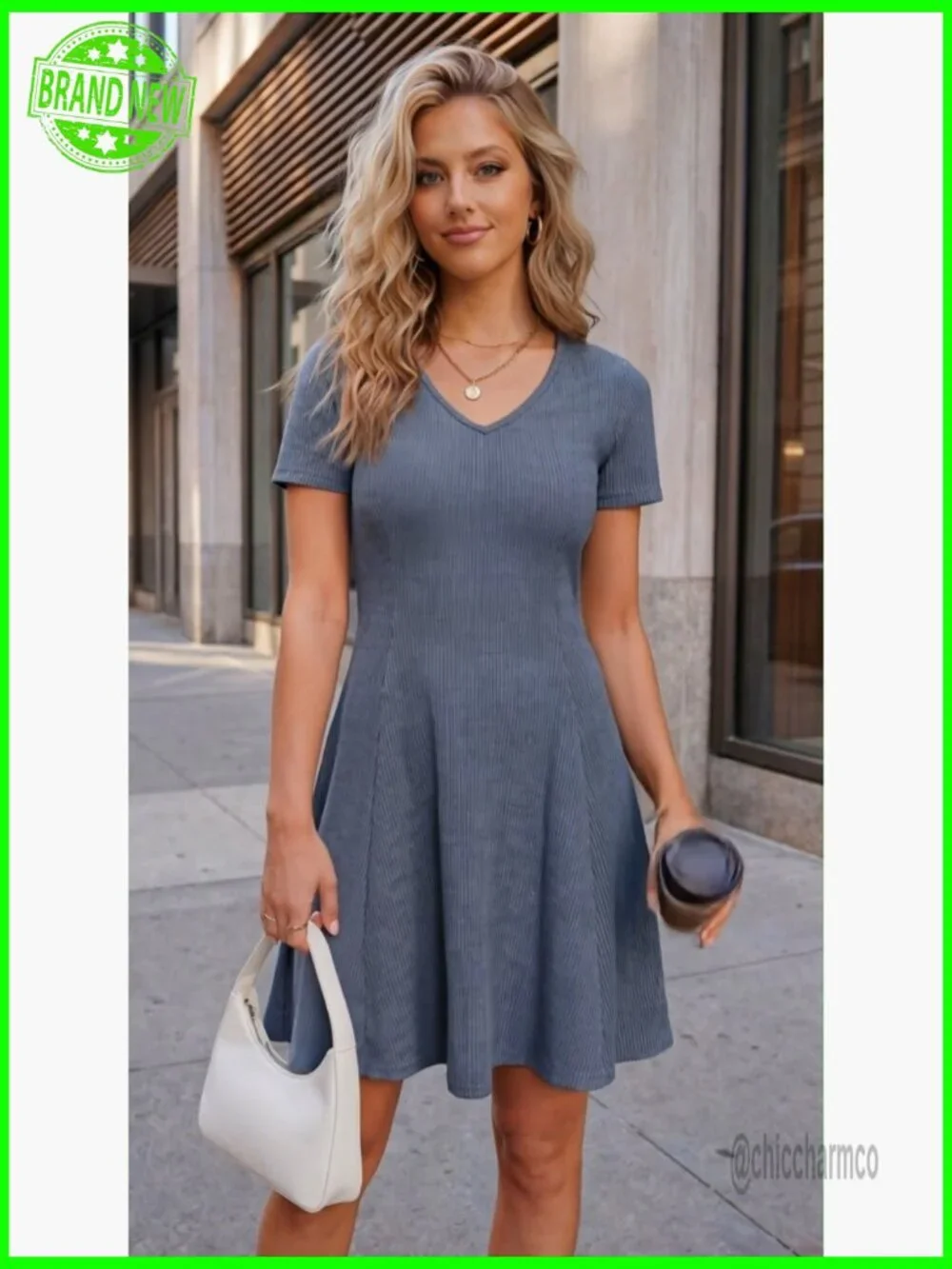 V-Neck Ribbed Knit Mini Dress Short Sleeve A-Line Casual Work Summer - Picture 7 of 7